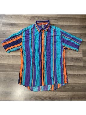 Vtg 90s I.O.U. Rayon Button Up Shirt XL Striped Teal Orange Purple Abstract IOU